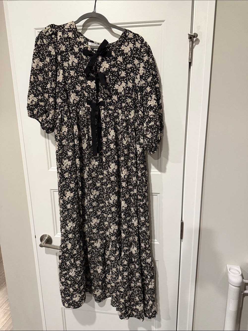 Zoco Black Floral Midi Dress with Bow Accents-Medium